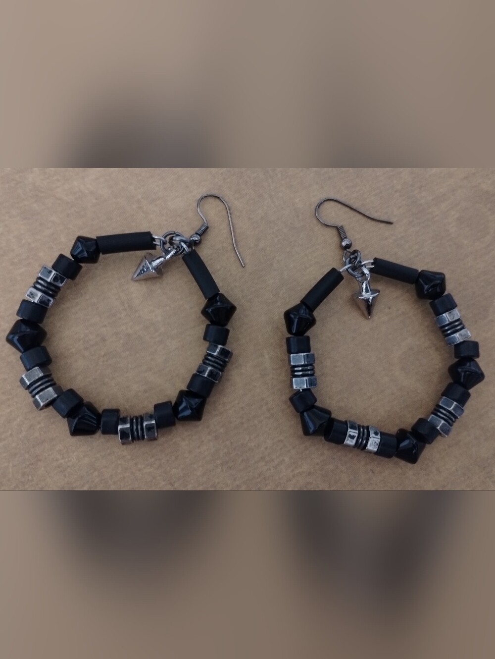 Black Beaded Hoop Earrings with Silver Accents - Unbranded